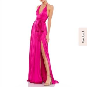 Ieena for Mac Duggal Halter Satin Sheath Gown- Prom